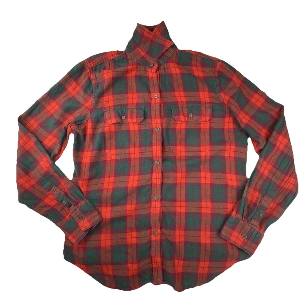 Chaps Denim Shirt Womens Small Red Green Plaid Flannel Long Sleeve Button Down